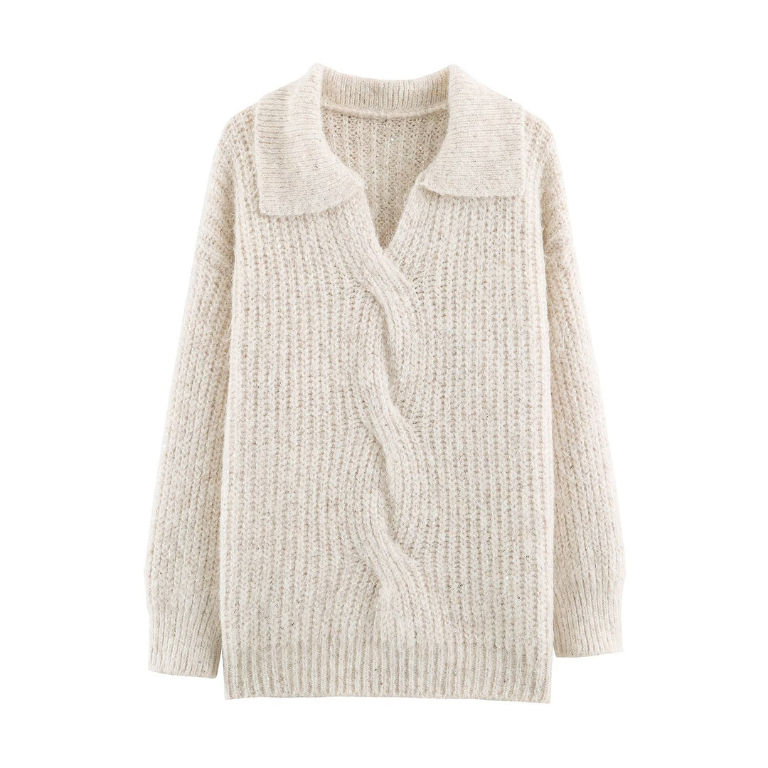 Women's Chunky Knit Sweater with Wide Lapel Collar and Sequin Trim Mune Fashion