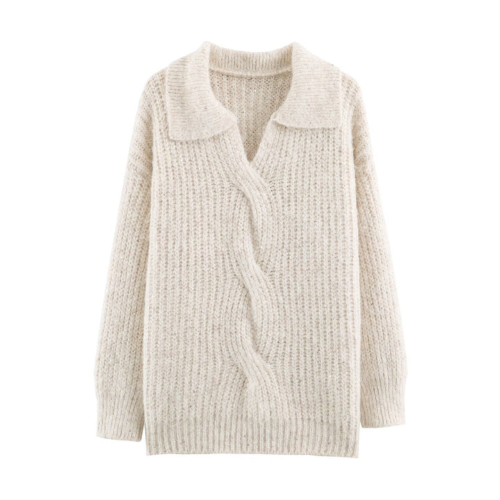 Women's Chunky Knit Sweater with Wide Lapel Collar and Sequin Trim Mune Fashion