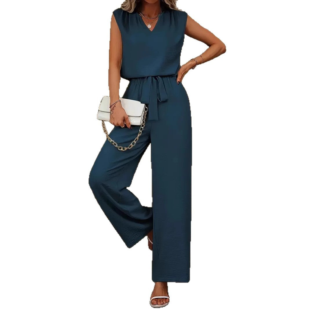 Women Elegant Jumpsuit with V-Neck and Waist Knot Mune Fashion