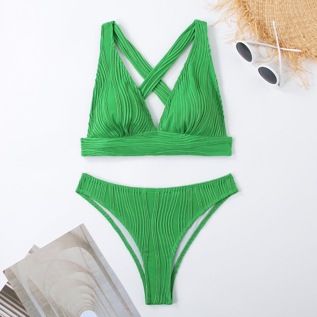 Women Striped Bikini with Refined Cross Design Mune Fashion