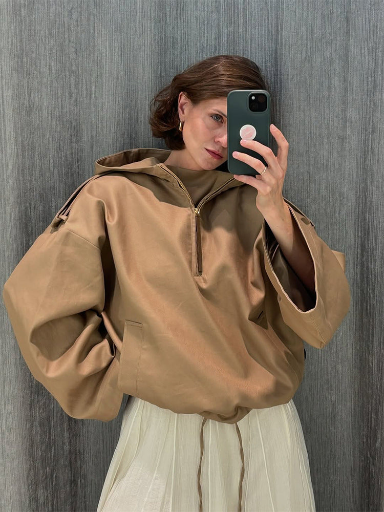 Women’s Oversized Hoodie with Half Zipper, Balloon Sleeves & Drawstring Mune Fashion