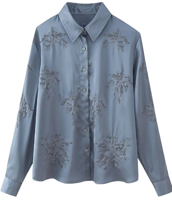 Women's embroidered silk-look blouse with sparkling crystal embellishments and shirt collar Mune Fashion