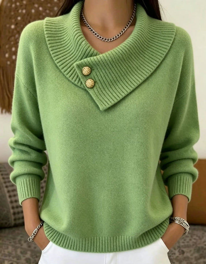 Women's fine knit pullover with overlapping shawl collar and decorative buttons Mune Fashion