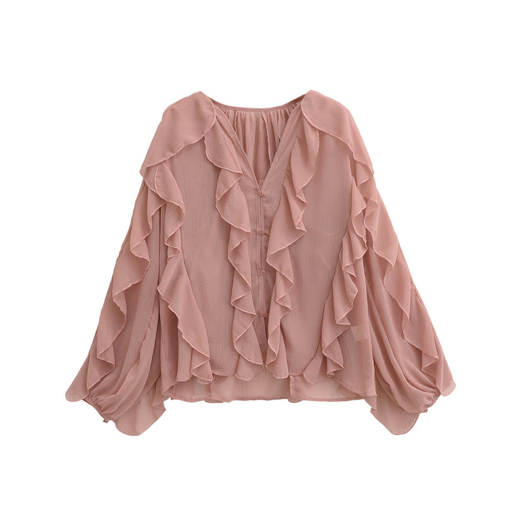 Women's Ruffle Chiffon Blouse with Button Placket, Gathered Neckline and Balloon Sleeves Mune Fashion