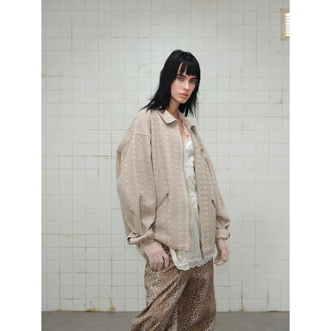 Unisex Textured Zip Blouson Jacket in Boxy Cut with Shirt Collar and Diagonal Zipper Pockets Mune Fashion