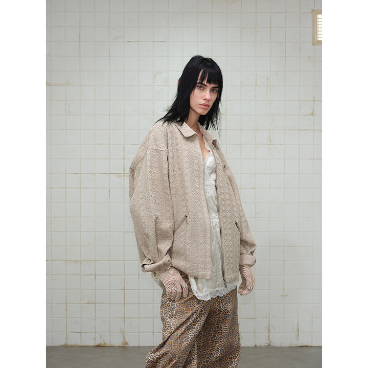 Unisex Textured Zip Blouson Jacket in Boxy Cut with Shirt Collar and Diagonal Zipper Pockets Mune Fashion