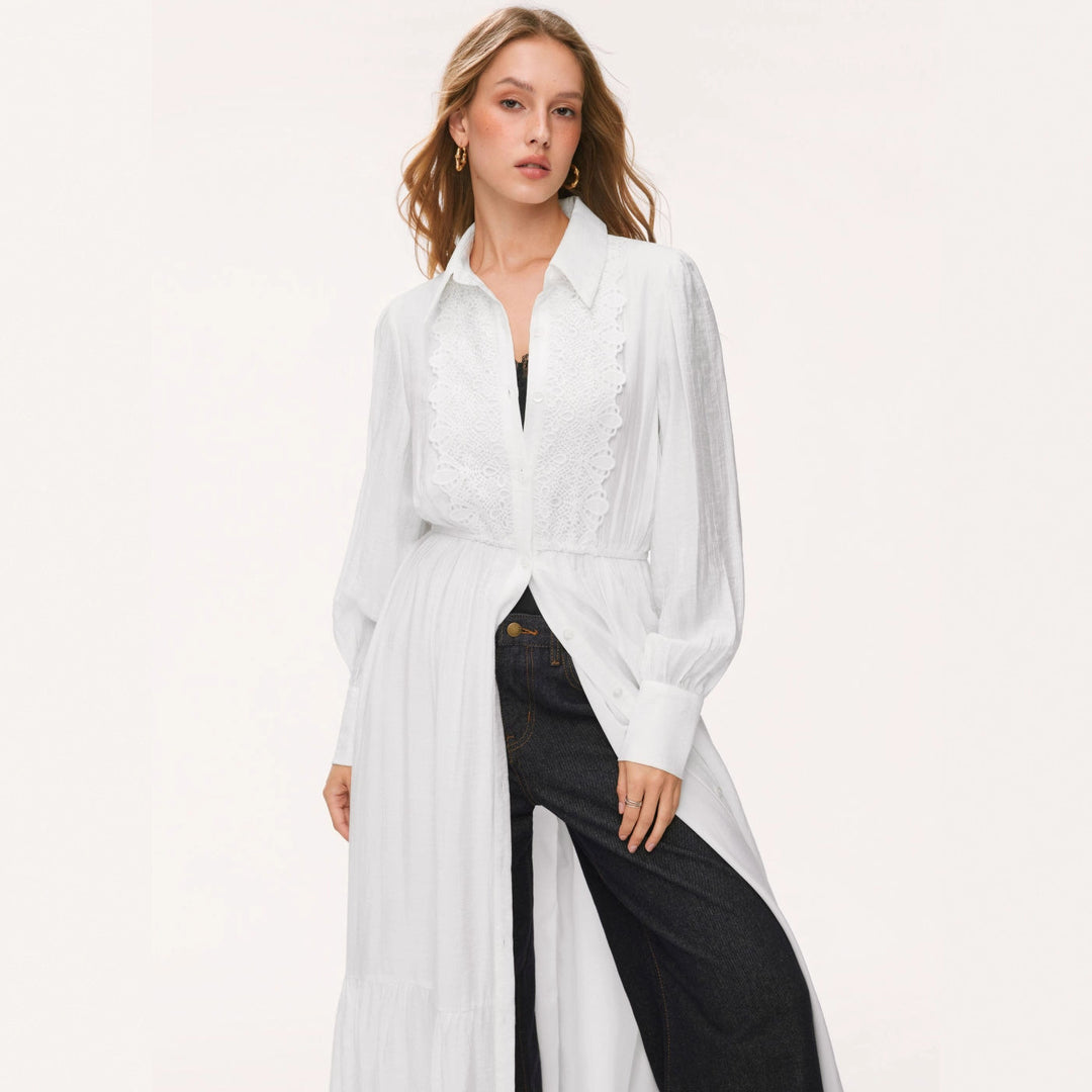 Women Long Shirt Dress with Lace Trim, Waistline and Tiered Skirt Drune