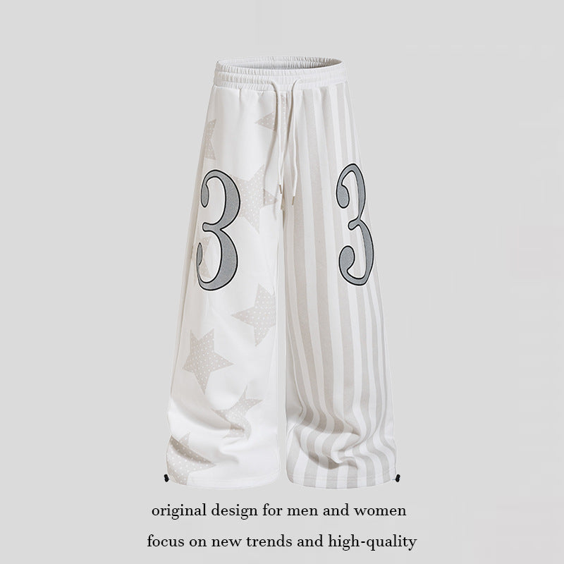 Women Wide Lounge Pants with High Comfort Waistband, Drawstring, Star and Stripe Print Mune Fashion