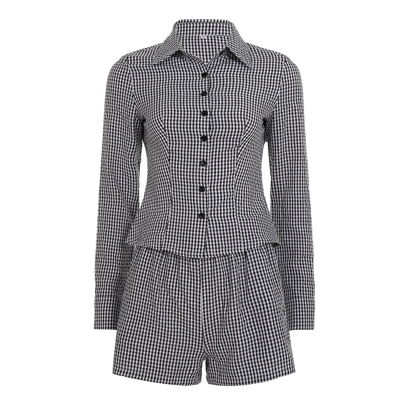 Women nan two-piece Vichy set with tailored blouse jacket with princess seams and high waist shorts Mune Fashion