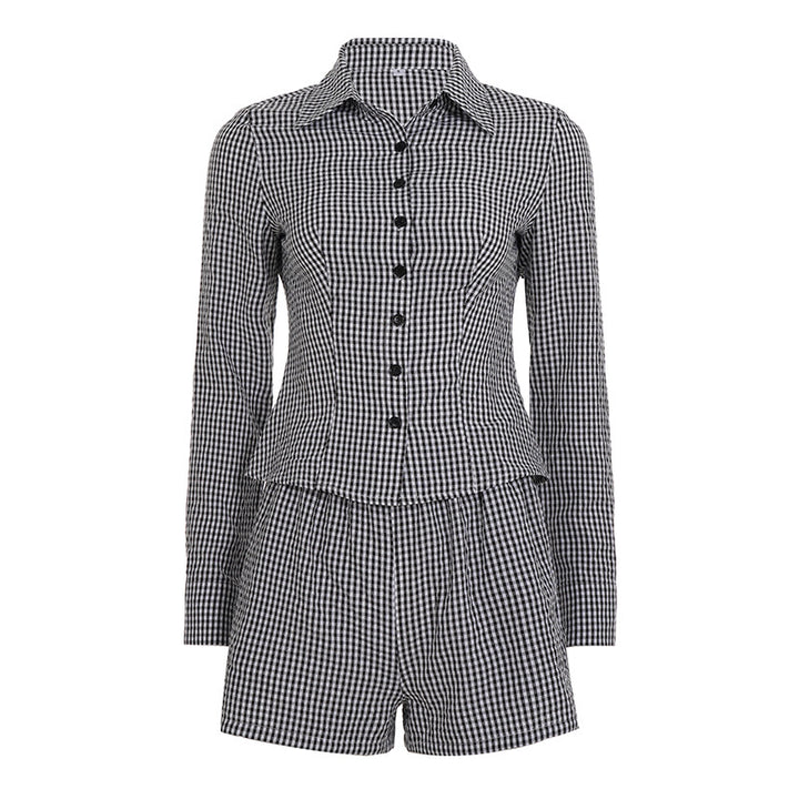 Women nan two-piece Vichy set with tailored blouse jacket with princess seams and high waist shorts Mune Fashion