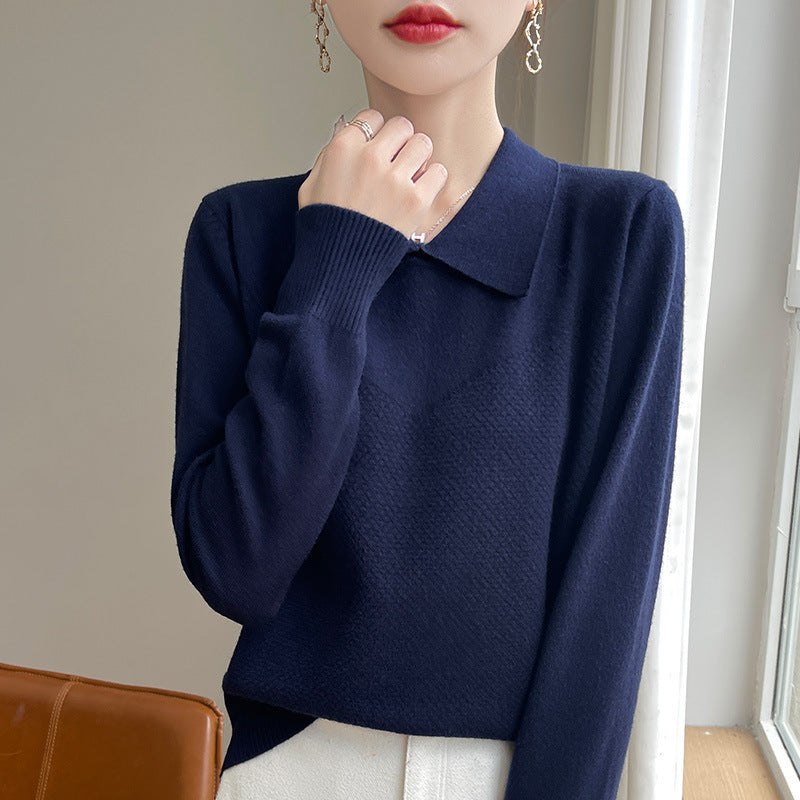 Women's Knit Sweater with Shirt Collar and Textured Front Mune Fashion