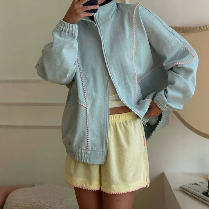 Women's Terry Loungewear Set with Zip Jacket, Oversized Cut & Pom Pom Trim Mune Fashion