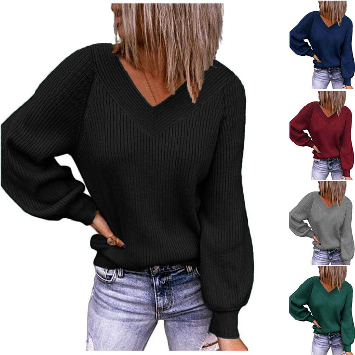Women Ribbed V-Neck Sweater with Balloon Sleeves and Casual Fit Mune Fashion
