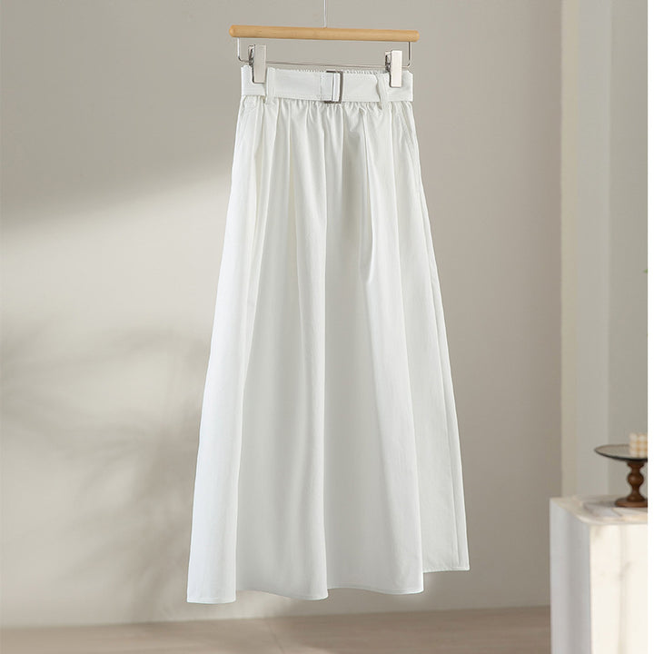 Women's Mid-length A-line Skirt with High Waist, Pleats and Waist Belt Mune Fashion