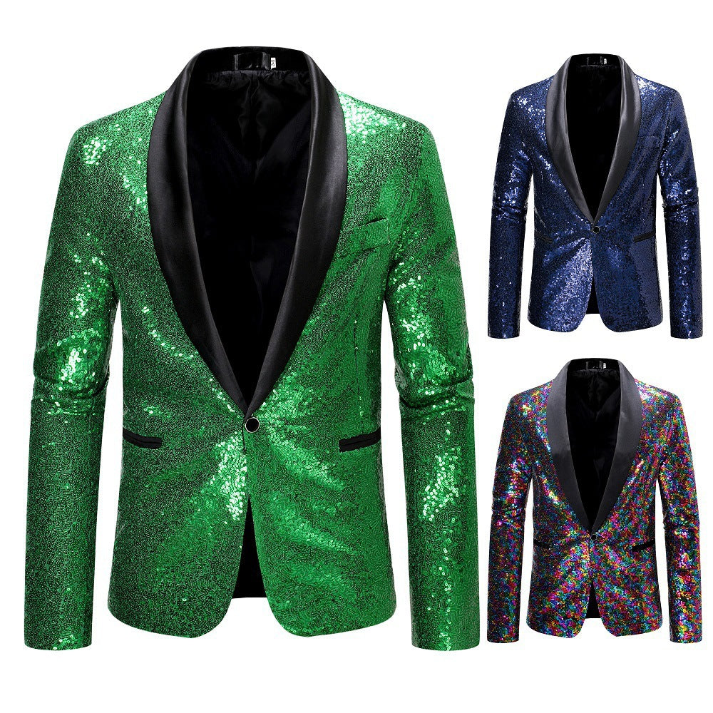 Men's eye-catching sequin blazer with shiny shawl collar and slim silhouette Mune Fashion