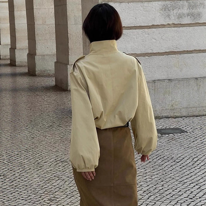Women's Short Blouse-Trench with Stand-up Collar, Shoulder Patches and Balloon Sleeves Mune Fashion