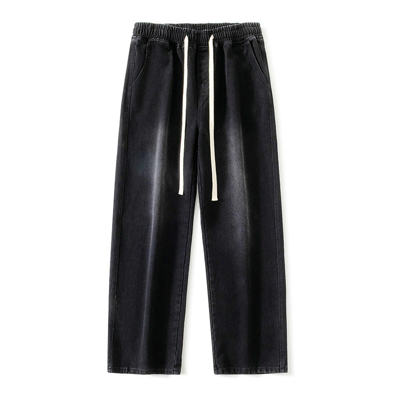 Men's Wide Denim Jogging Pants with Elastic Waistband and Long Drawstrings Mune Fashion