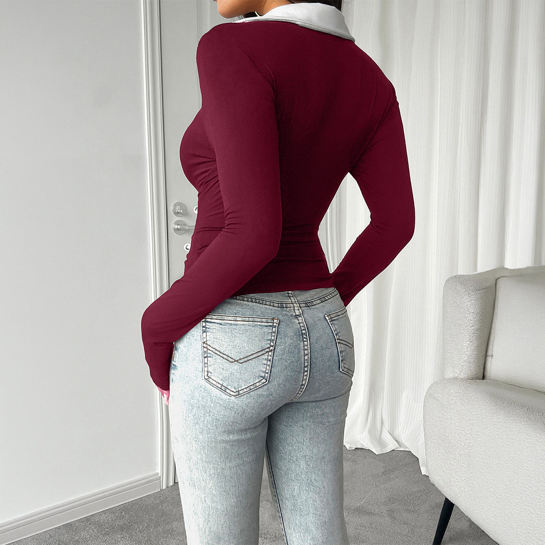 Women's fitted long sleeve with contrast polo collar and deep V-neck Mune Fashion