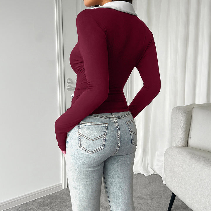Women's fitted long sleeve with contrast polo collar and deep V-neck Mune Fashion