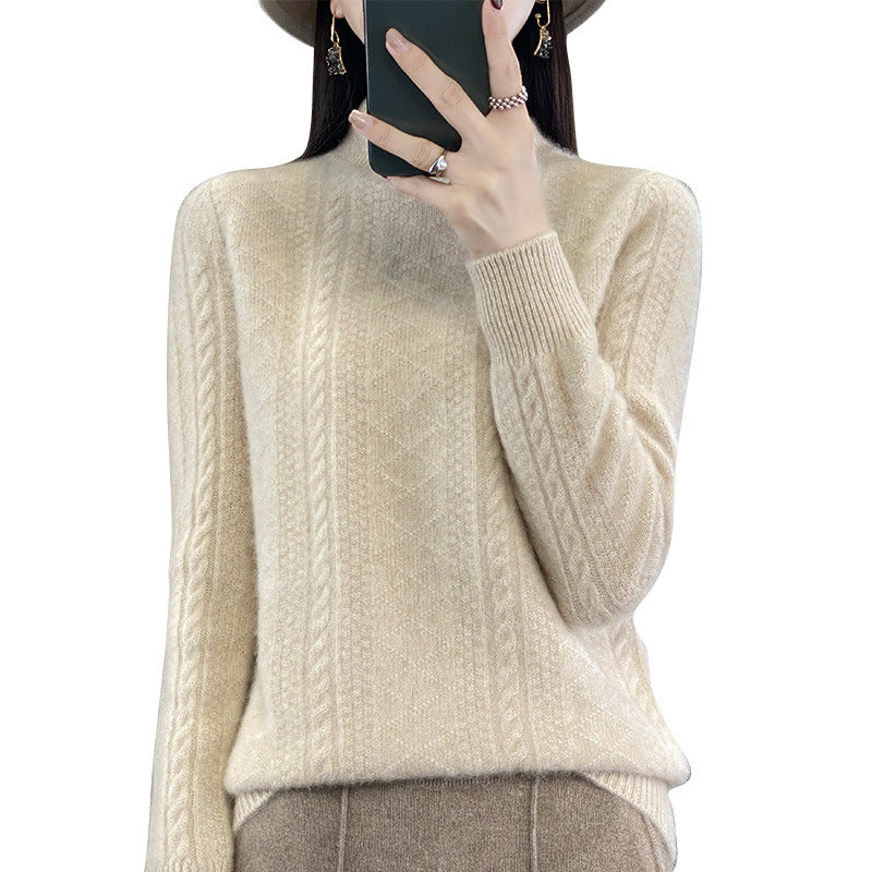 Women's Soft Cable Knit Mock Neck Sweater with Light Mohair Effect Mune Fashion