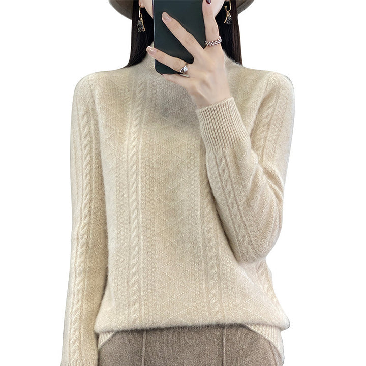 Women's Soft Cable Knit Mock Neck Sweater with Light Mohair Effect Mune Fashion