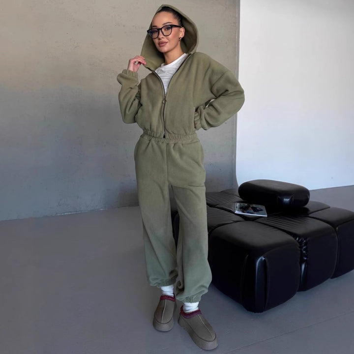 Women's cozy fleece hoodie and jogging pants lounge set with zip-up hood elastic waistband Mune Fashion