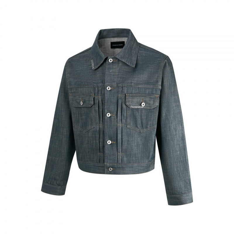 Men's cropped denim jacket with vertical seams, patch pockets, and boxy silhouette Mune Fashion