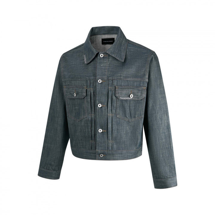 Men's cropped denim jacket with vertical seams, patch pockets, and boxy silhouette Mune Fashion
