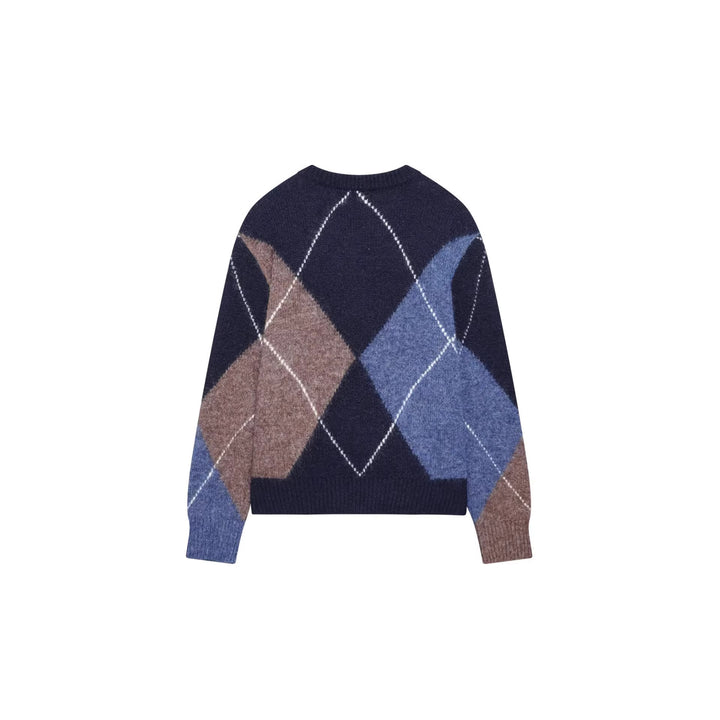 Women's thick knitted Argyle sweater with round neck, dropped shoulder, and wide ribbed cuffs Mune Fashion