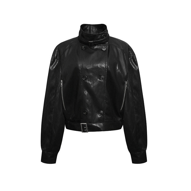 Women short double-breasted leather jacket with stand collar and waist belt Mune Fashion