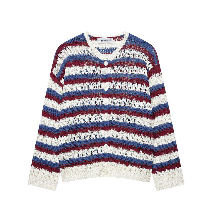 Women's Crocheted Cropped Knit Cardigan with Lace Knit, Contrast Stripes, and Mother of Pearl Buttons Mune Fashion