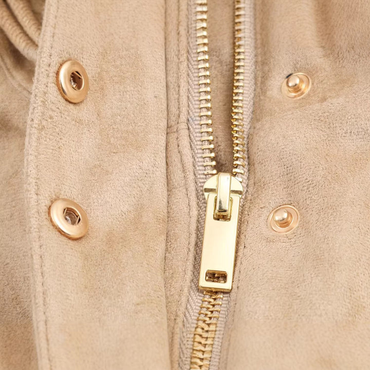 Women Short Suede Look Jacket with Stand Collar and Snap Button Placket Mune Fashion