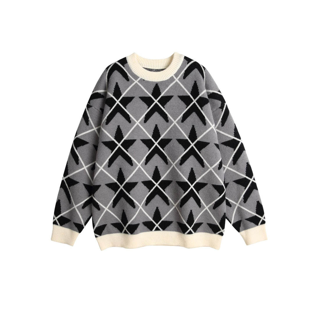 Unisex Chunky Knit Crew Neck Sweater with Star Jacquard Mune Fashion