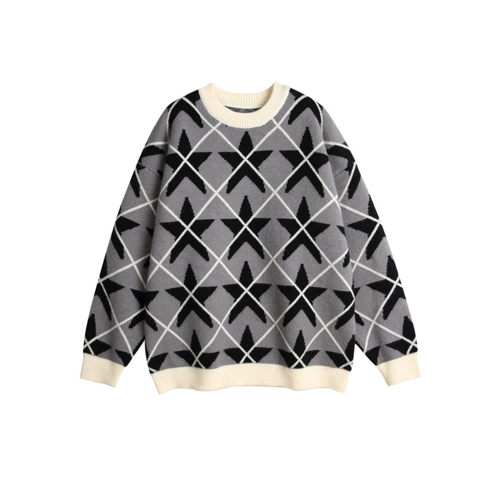 Unisex Chunky Knit Crew Neck Sweater with Star Jacquard Mune Fashion