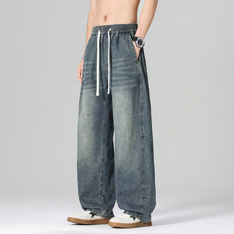 Men's Loose-Fitting Denim Pants with High Waist and Elastic Waistband
