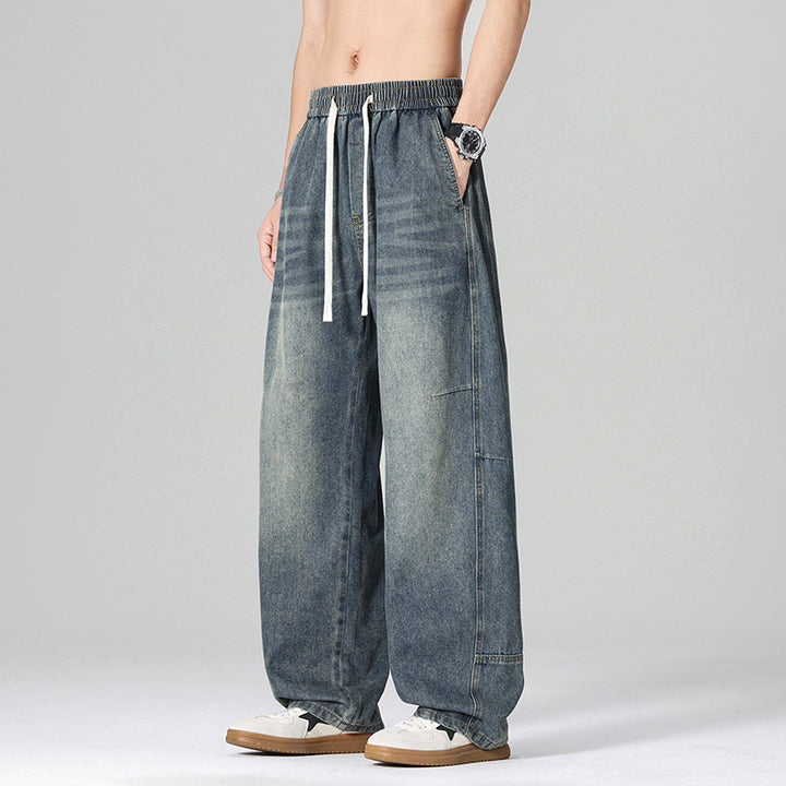 Men's Loose-Fitting Denim Pants with High Waist and Elastic Waistband