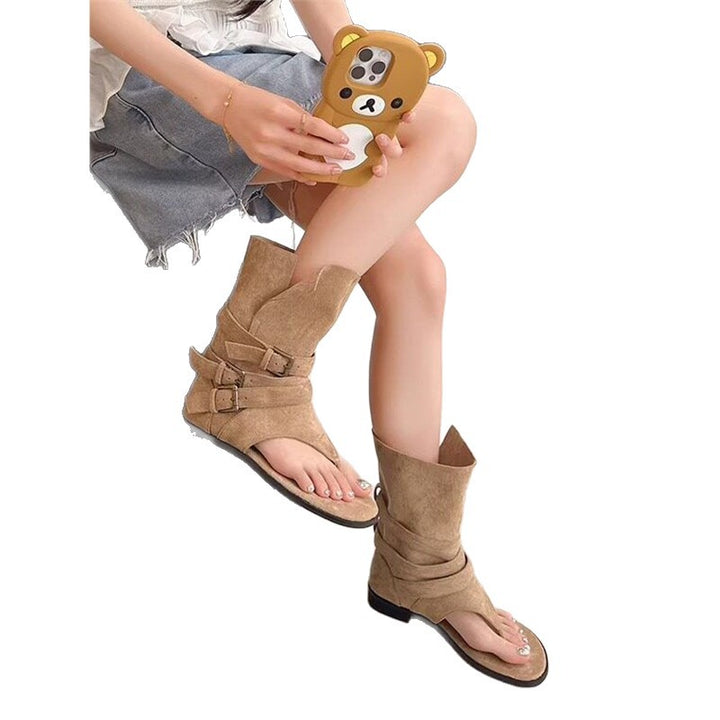 Women Sandals-Ankle boots made of suede with toe strap and decorative buckle straps Mune Fashion