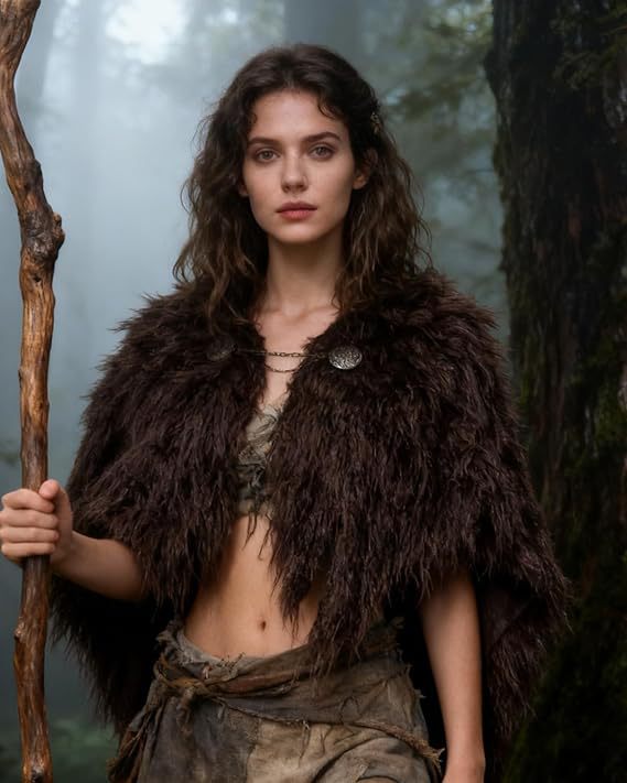 Ladies Viking-inspired Faux-Fur Cape with rustic fringe look and shoulder drape Mune Fashion