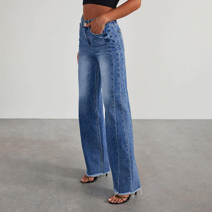 Women High-Waist Flared Jeans with Wide Leg and Frayed Hem Mune Fashion