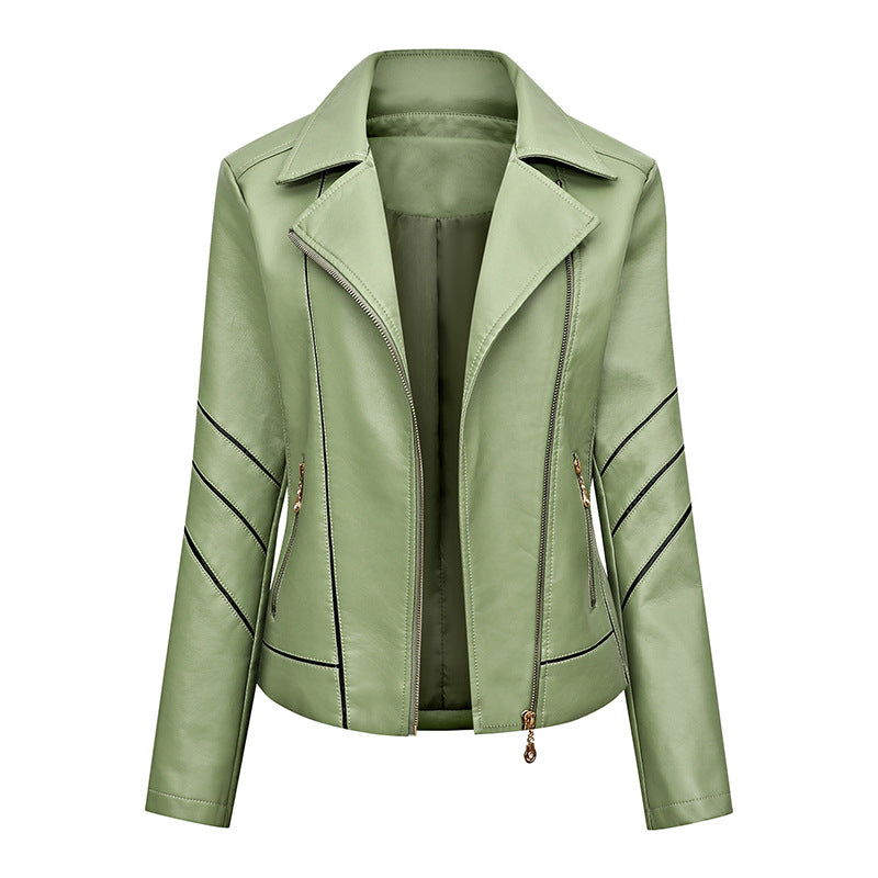 Women's biker jacket made of faux leather with asymmetric decorative seams and tailored fit Mune Fashion