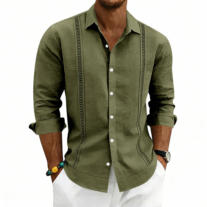 Men's casual linen shirt with Kent collar, decorative vertical stitching, and relaxed fit Mune Fashion