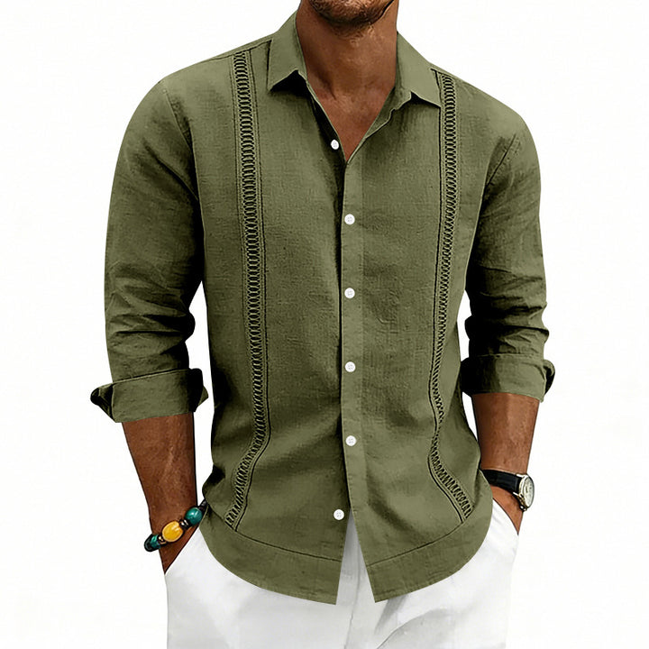 Men's casual linen shirt with Kent collar, decorative vertical stitching, and relaxed fit Mune Fashion