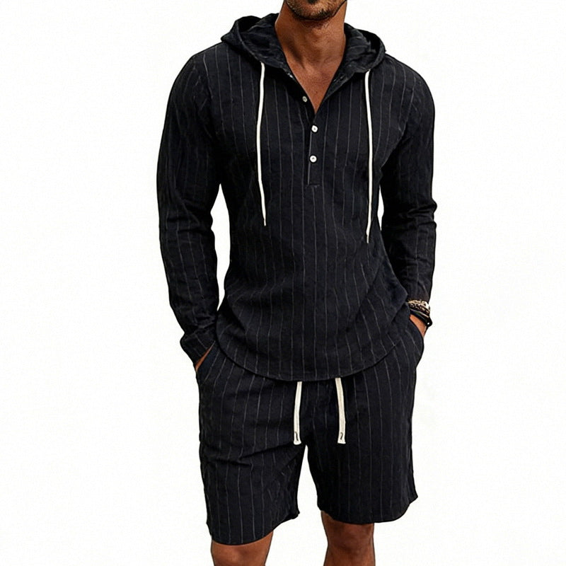 Men's striped linen-look hooded Henley set with drawstring shorts Mune Fashion
