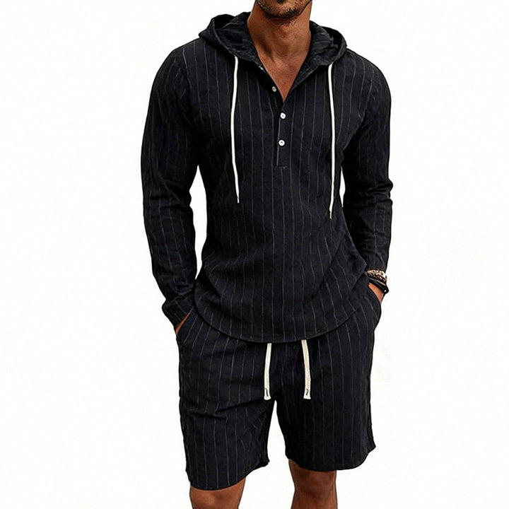 Men's striped linen-look hooded Henley set with drawstring shorts Mune Fashion