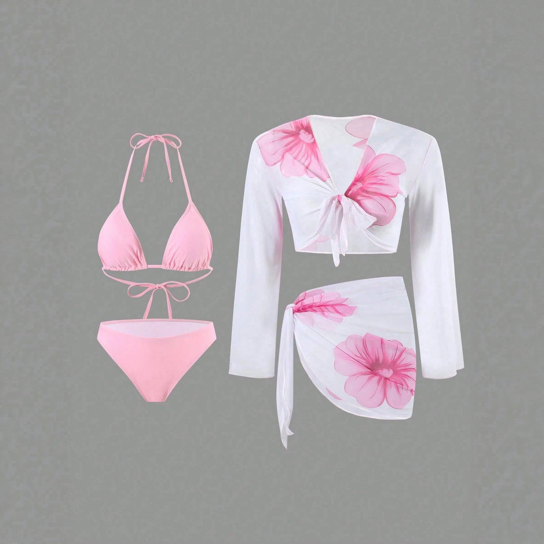 Women's bikini set with floral wrap cloth and long-sleeved top Mune Fashion