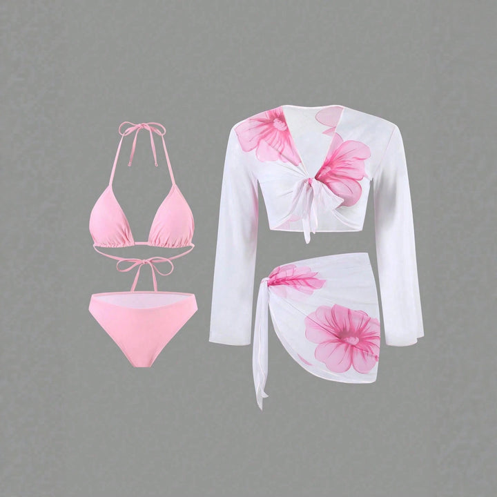 Women's bikini set with floral wrap cloth and long-sleeved top Mune Fashion