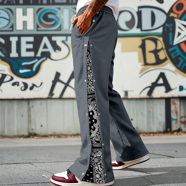 Men's loosely cut snap-front jogging pants with paisley side insert and elastic comfort waistband Mune Fashion