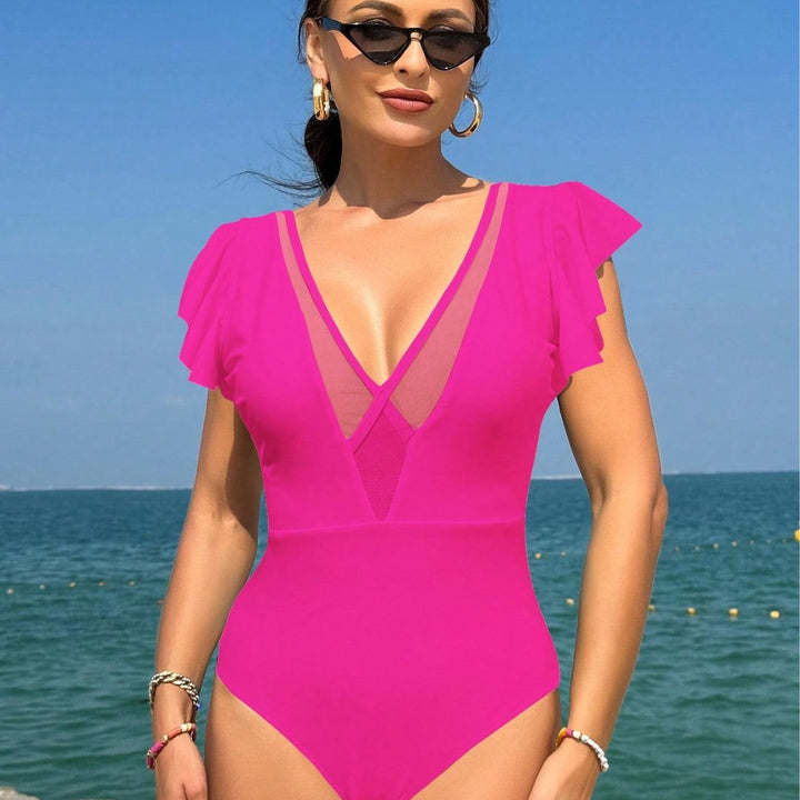 Ladies' one-piece swimsuit with elegant ruffles and deep V-neck Mune Fashion