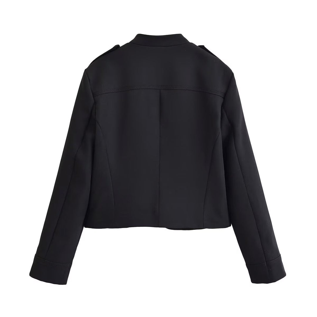 Women's Short Military Jacket with Stand-Up Collar and Double Decorative Button Placket Mune Fashion