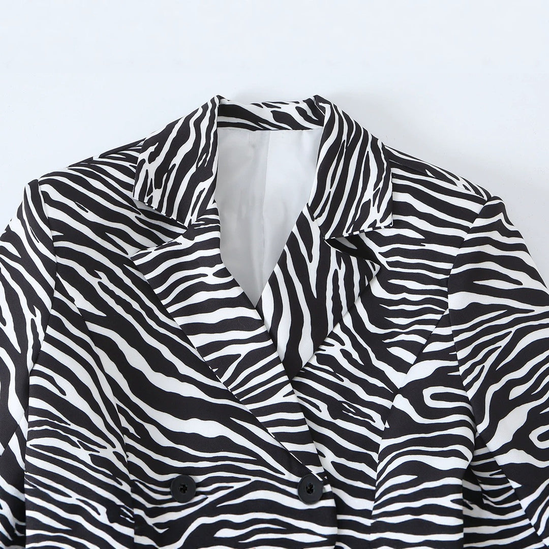 Women's Zebra Print Blazer in Tailoring Look with Double Breasted and Figure-Fitting Waist Mune Fashion